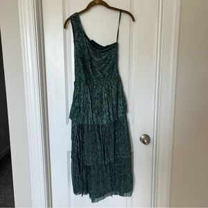 NWT Trixxi Green Sparkly Tinsel Tiered One Shoulder Midi Dress Size Small
